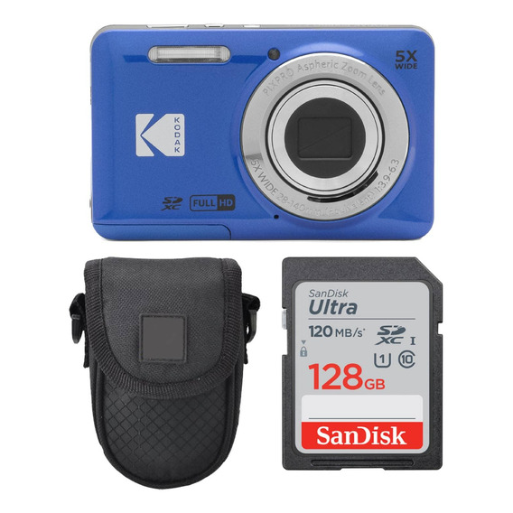 Kit Cámara Kodak Pixpro Fz55 Azul Funda Memoria 128gb