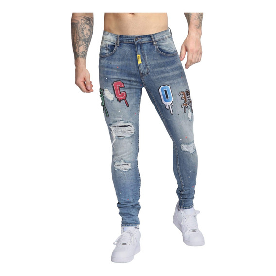 [logeqi] Vaqueros De Hombre Slim Fit Azul Rotos Con Parches