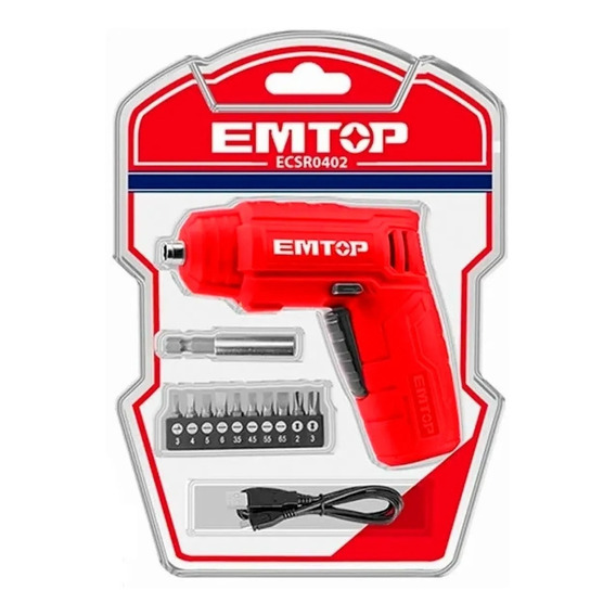 Atornillador Inalambrico Emtop Bateria Litio 10 Puntas 4v Color Rojo