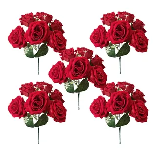 Kit Com 5 Buquês Rosas Artificial Aveludada Decoração Festa