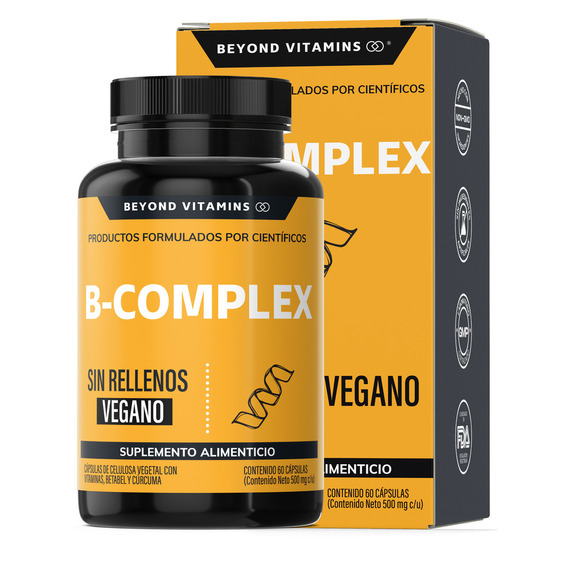 B-complex | Vitaminas Complejo B Beyond Vitamins | Sin Sabor | Suplemento Alimenticio Vitaminas B, Raíz De Betabel, Vitamina B12 Y Curcuma | 60 Cápsulas