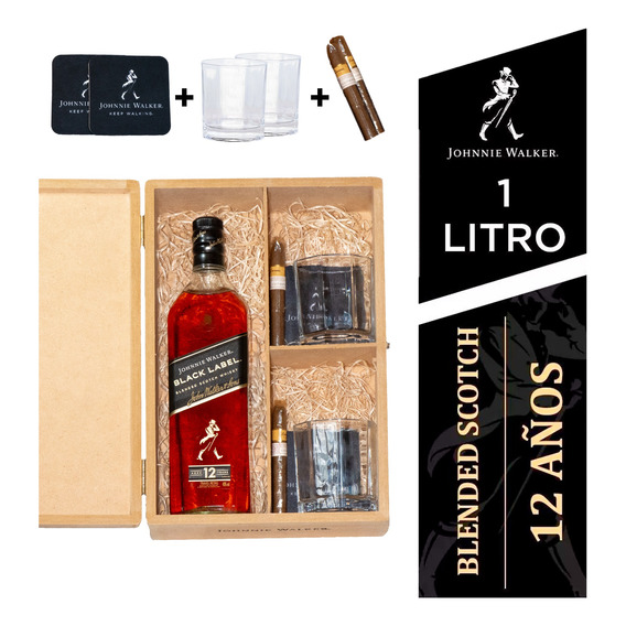 Caja Regalo Johnnie Walker Black Label 1lt + Vasos Y Más