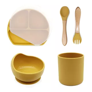 Kit Para Bebés Plato C/tapa, Bowl, Cubiertos Y Vaso Silicona