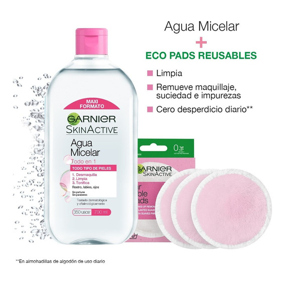 Agua Micelar Todo En 1 Garnier Skin Active 700ml + Eco Pads