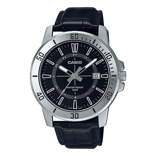 Reloj pulsera Casio MTP-VD01L-1CVUDF, analógico, para hombre, fondo negro, con correa de cuero color negro, bisel color plateado y hebilla simple