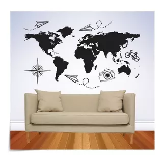 Vinilo Decorativo Mapa Mundial Mapamundi Pared Aviones Viaje