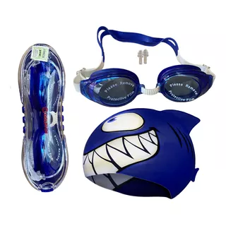 Kit Antiparras Lente Natación Gorro Silicona Tapones Dolphin Color Tiburón Azul