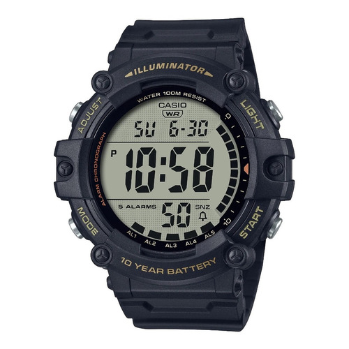 Reloj pulsera digital Casio AE-1500 con correa de resina color negro - fondo gris - bisel negro/amarillo