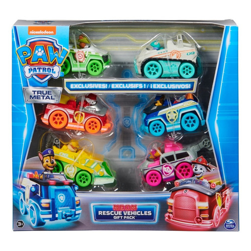 Paw Patrol, Set de Vehículos Neón con 6 vehículos de juguete