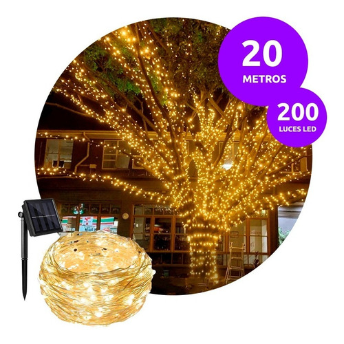 Guirnalda 200 Luces Exterior Solar Led 20 Mt Cálida Navidad