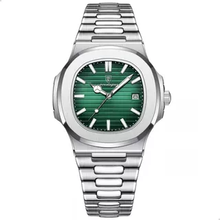 Relógio Poedagar De Luxo Com Caixa Correia Prateado Bisel Prateado Fundo Verde