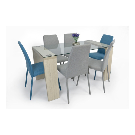 Set Comedor Milan Bali 6 Puestos - Sillas Tela Color Plata- Azul