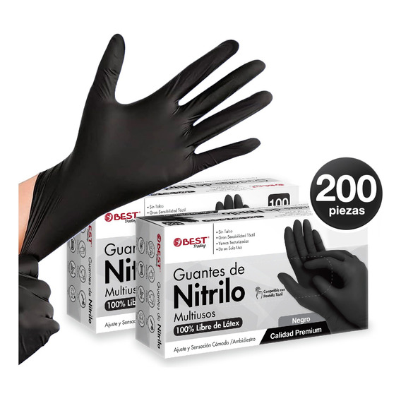 200 Guantes Nitrilo Premium Negro Libre De Látex Sin Polvo