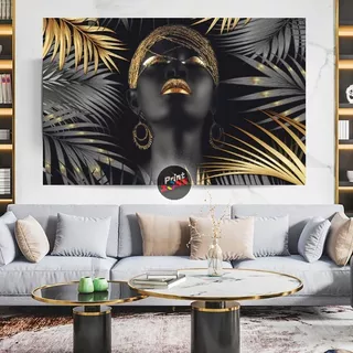 Cuadro Canvas Decora Mujer Africana Dorada Plantas 140x90cm