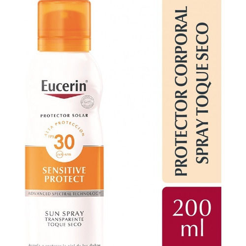 Protector solar Eucerin Sensitive Protect Sin tono FPS 30 Toque Seco en spray 1 unidad de 200 mL