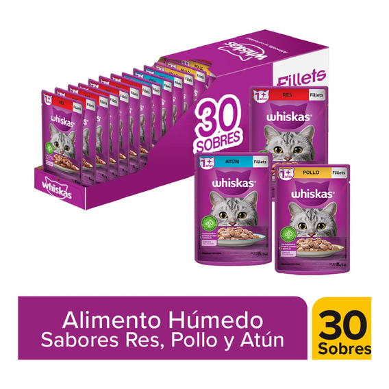 Whiskas pack alimento húmedo gato atún/carne/pollo 30 sobres