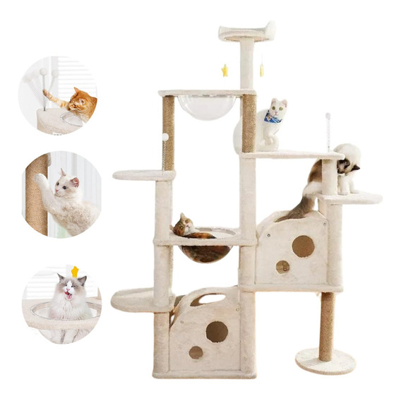Pet King - Mueble Para Gatos Rascador Juguete Arbol Casa Esferas 172 Cm Color Beige Afelpado PK5920