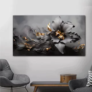 Cuadro Flor Gris Con Dorado Elegante Canvas Sala 130x60