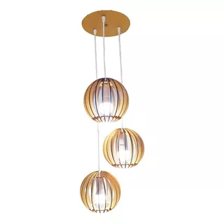 Lámpara Colgante En Trío Esfera De Madera Mdf Diseño 