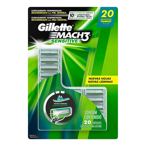 Gillette Mach3 Sensitive, Cartuchos Para Afeitar, 20 Piezas