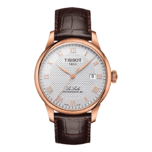 Reloj pulsera Tissot Le locle powermatic 80 con correa de cuero color marrón - fondo plateado - bisel oro rosa 5n