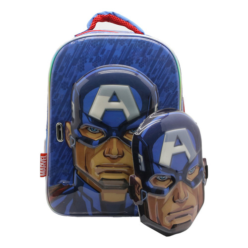 Mochila Marvel Avengers Capitán America Con Careta Color Azul Diseño De La Tela Liso