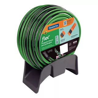 Mangueira Flex Para Jardim 79326200 Verde Com Faixa Preta Em Pvc 4 Camadas Com Engate Rosqueado Esguicho E Suporte 20m Tramontina