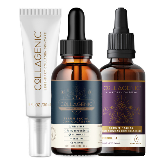 Set Cuidado Facial Collagenic Serum Facial Aclarante 50ml, Suero Anti-Arrugas 50ml, Crema Contorno de Ojos 30ml