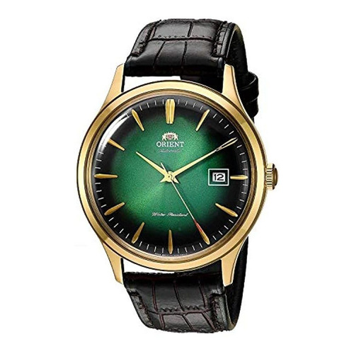 Reloj pulsera Orient FAC0800 con correa de cuero color marrón - fondo verde - bisel dorado