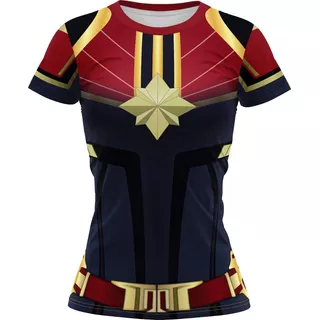 Camiseta Infantil - Traje Capitã Marvel - Tecido Dryfit