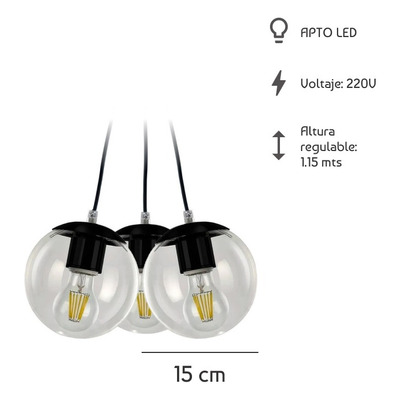 Colgante 3 Luces Globo Negro 15cm Deco Apto Led E-27 Moderno