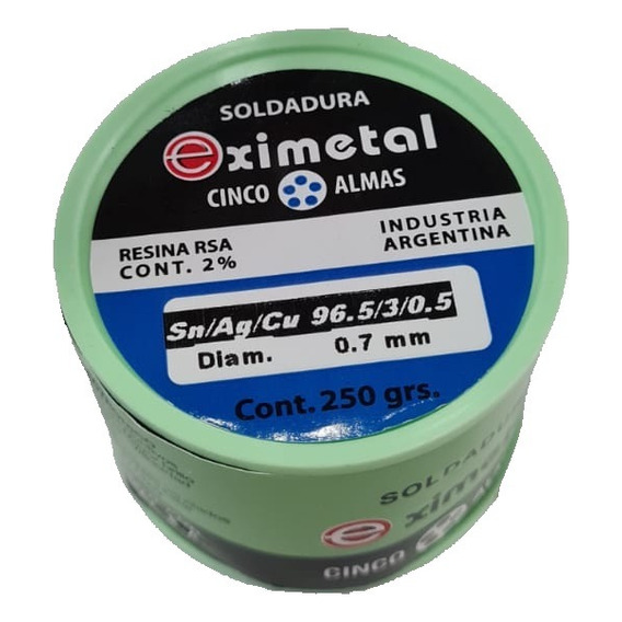 Estaño Sin Plomo Eximetal 0.7 Mm 250gr Sn 96,5 Ag 3 Cu 0,5