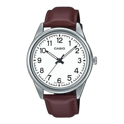 Reloj Casio Hombre Mtp-v005l-7b4 Malla Cuero Fondo Blanco Color De La Malla Marrón Color Del Bisel Plateado