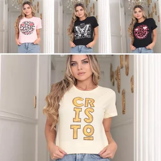 Kit 5 Blusas Femininas T Shirt Camisas Estampa 100% Algodão