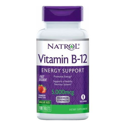 Vitamina B12  Natrol 5000mcg Sublingual/100 Unidades Sabor Frutilla