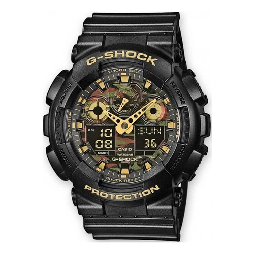 Reloj de pulsera Casio G-Shock GA100 de cuerpo color negro, analógico-digital, para hombre, fondo marrón, verde y negro, con correa de resina color negro, agujas color amarillo, dial amarillo, subesferas color negro, amarillo, marrón y verde, minutero/segundero amarillo, bisel color negro y hebilla doble