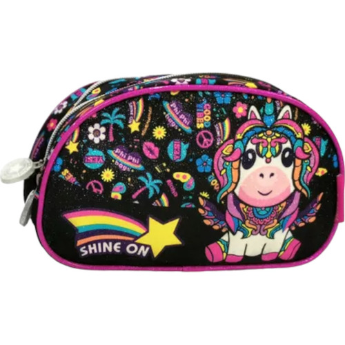 Cartuchera Doble Cierre Unicornio Con Glitter Phi Phi Bags Color Negro Y Rosa