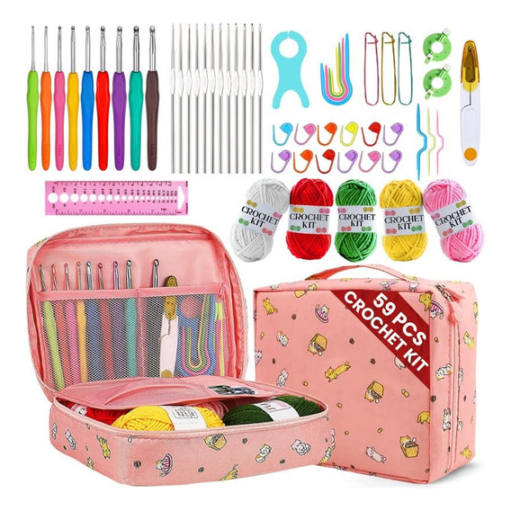 Set Con Estuche Crochet Silicona Accesorios Para Tejer 59pcs