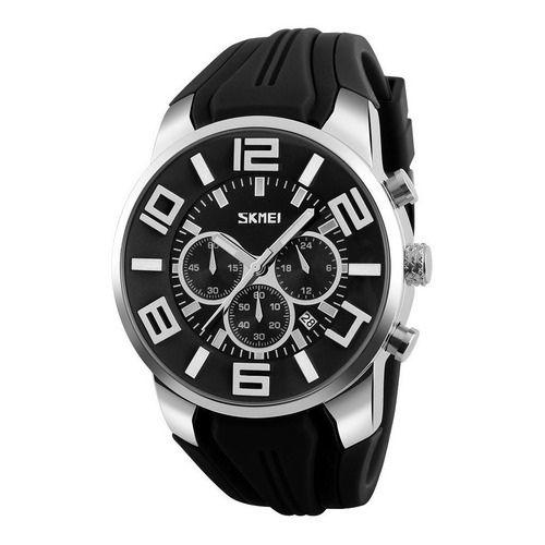 Reloj pulsera Skmei 9128 de cuerpo color plateado, analógico, para hombre, fondo negro, con correa de silicona color negro, agujas color gris y blanco, dial gris, subesferas color negro y gris, minutero/segundero gris y blanco, bisel color plateado y hebilla simple