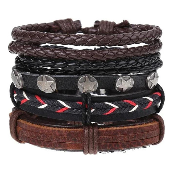 Conjunto Pulsera Brazalete Cuero Marron Negro Estrellas 5en1