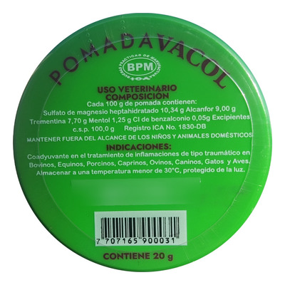 Pomada Vacol Antiinflamatoria Mentol Para Dolores Animal 20g