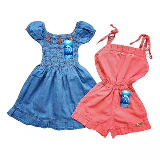 Kit 2 Vestidos Rodado Jeans Bebe Menina Manga Princesa.