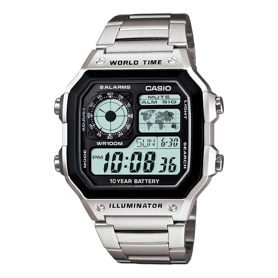 Reloj Casio Ae1200 Metal Mapa Mundial Full Correa Plateado Bisel Plateado Fondo Negro