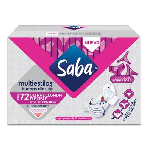 Toalla Femenina Saba Multiestilos Ultradelgada 72 Pzas