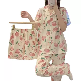 3 Pcs Pijama De Manga Corta Y Pantalón Corta Bonito Conjunto