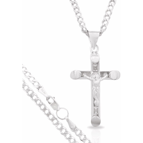 Cadena Cubana Plata 925 Y  Cruz Cristo Chica C/ Zirconia 3mm