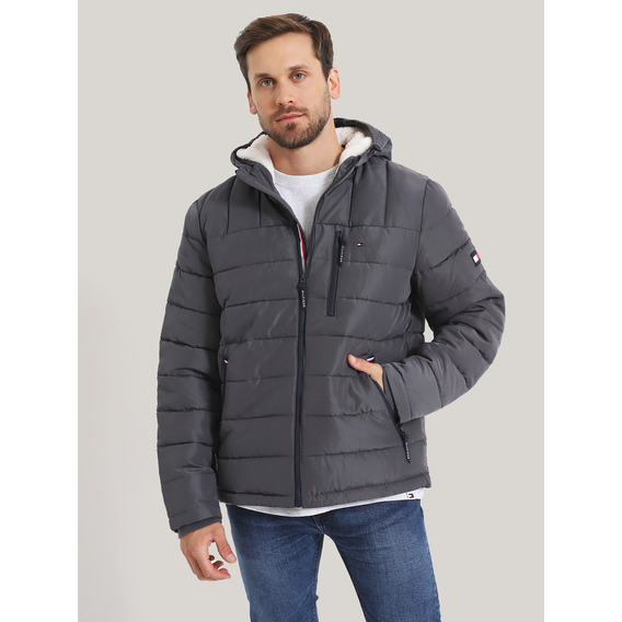 Parka Hoodie Quilted Con Logo Gris Tommy Hilfiger