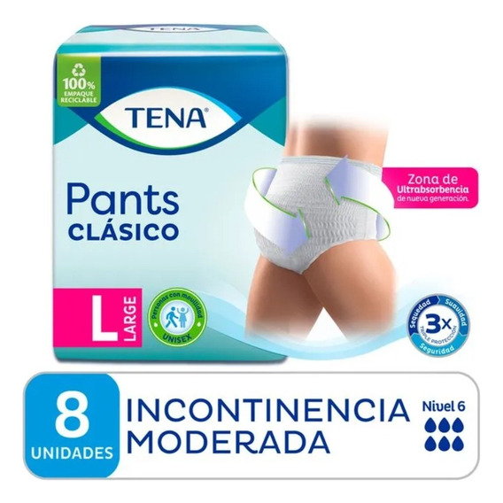 Pañales P/ Adultos Tena Ropa Interior Pants Clásico L X 8 u