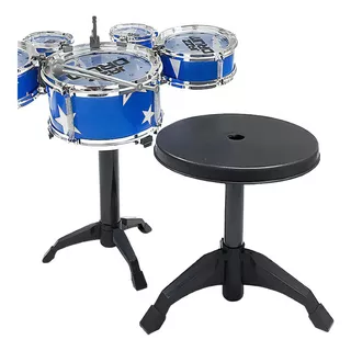 Mini Bateria Infantil Com Banquinho E Baqueta Personalizado Cor Azul