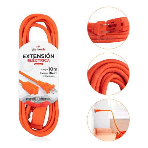 Extensión Eléctrica Uso Rudo Multicontacto 10 Metros Cable De Cobre Cal.16 Awg. Divitech® Color Naranja 3 Tomas De Corriente